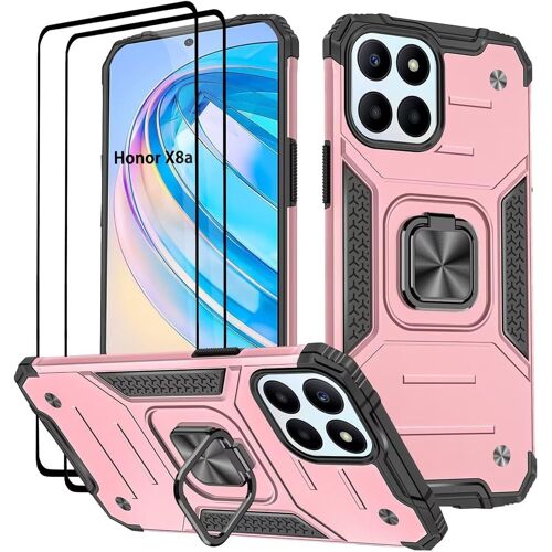 KAL-Coque Pour Honor X8A, Verre Trempé [2 Pièces] + Housse Tpu Silicone Rotation 360° Aimant Anneau Support Double Défense Protection Etui - Or Rose