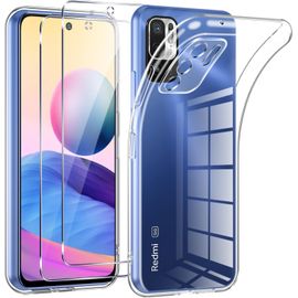CAUC-Coque pour Xiaomi Redmi Note 10 5G/Poco M3 Pro 5G avec 2 Pièces Protection Écran en Verre Trempé,Transparente Silicone en Gel TPU Souple pour Redmi Note 10 5G Couqe,Antichoc Etui Bumper