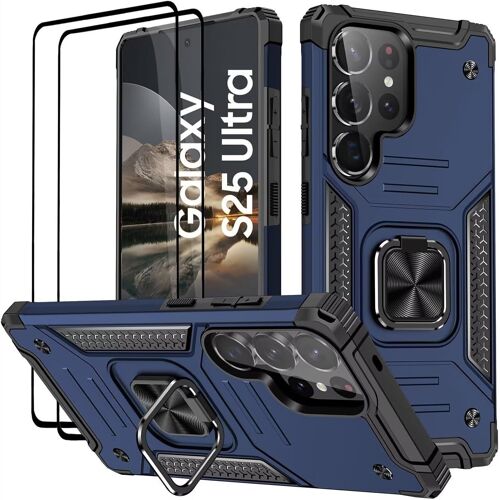 TRAHOO-Coque pour Samsung Galaxy S25 Ultra, Verre Trempé [2 Pièces] + Housse TPU Silicone Rotation 360° Aimant Anneau Support Double Défense Protection Etui - Bleu