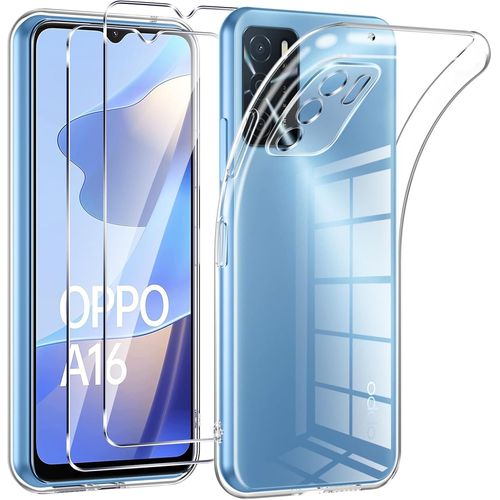 KAL-Coque Pour Oppo A16/A16S/A54S Avec 2 Pièces Protection Écran En Verre Trempé,Ultra Transparente Silicone En Gel Tpu Souple Pour Oppo A16 Couqe,Antichoc Anti-Jaune Etui Bumper