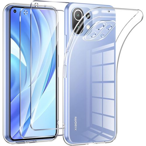 KAL-Coque Pour Xiaomi Mi 11 Lite 4G/5G/5G Ne Avec 2 Pièces Protection Écran En Verre Trempé,Ultra Transparente Silicone En Gel Tpu Souple Pour Xiaomi 11 Lite Couqe,Antichoc Anti-Jaune Etui Bumper