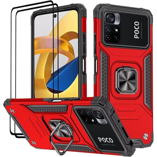 Coque pour Xiaomi POCO M4 Pro 5G / Redmi Note 11S 5G (6.6""), Verre Tremp¿¿ [2 Pi¿¿ces] + Housse TPU Silicone Rotation 360¡ã Aimant Anneau Support Double D¿¿fense Protection Etui - Rouge