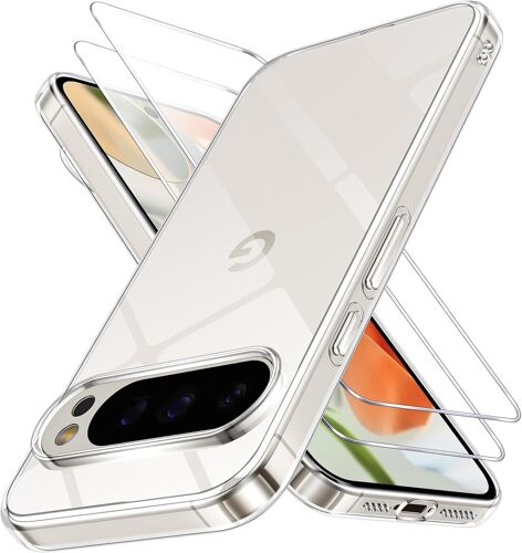 ELVORIX-Coque pour Google Pixel 9 Pro XL 5G avec 2 Pièces Protection Écran en Verre Trempé,Ultra Transparente Silicone en Gel TPU Souple pour Google Pixel 9 Pro XL Couqe,Antichoc Anti-Jaune Etui Bump