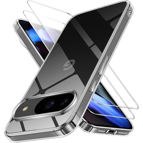 CAUC-Coque pour Google Pixel 9/9 Pro 5G avec 2 Pièces Protection Écran en Verre Trempé,Ultra Transparente Silicone en Gel TPU Souple pour Google Pixel 9/9 Pro Couqe,Antichoc Anti-Jaune Etui Bumper