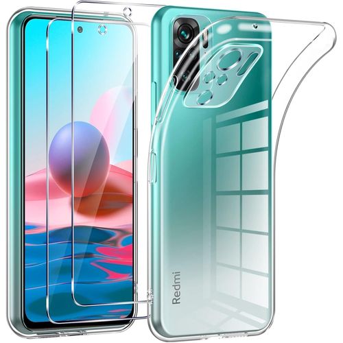 Coque Pour Xiaomi Redmi Note 10/ Note 10s Avec 2 Pièces Protection Écran En Verre Trempé,Transparente Silicone En Gel Tpu Souple Pour Redmi Note 10 4g Couqe,Antichoc Anti-Jaune Etui Bumper