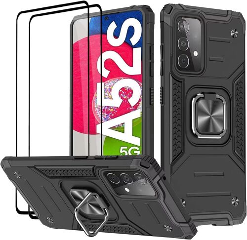 ELVORIX-Coque pour Samsung Galaxy A52 4G&5G / A52S, Verre Trempé [2 Pièces] + Housse TPU Silicone Rotation 360° Aimant Anneau Support Double Défense Protection Etui - Noir