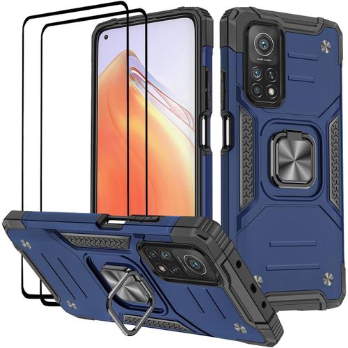 KAL-Coque Pour Xiaomi Mi 10T Pro/Mi 10T, Verre Trempé [2 Pièces] + Housse Tpu Silicone Rotation 360° Aimant Anneau Support Double Défense Protection Etui - Bleu