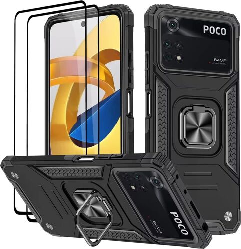 Coque pour Xiaomi POCO M4 Pro 4G (6.43""), Verre Tremp¿¿ [2 Pi¿¿ces] + Housse TPU Silicone Rotation 360¡ã Aimant Anneau Support Double D¿¿fense Protection Etui - Noir