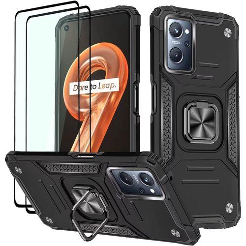 KAL-Coque Pour Realme 9I / Oppo A76 / Oppo A96, Verre Trempé [2 Pièces] + Housse Tpu Silicone Rotation 360° Aimant Anneau Support Double Défense Protection Etui - Noir