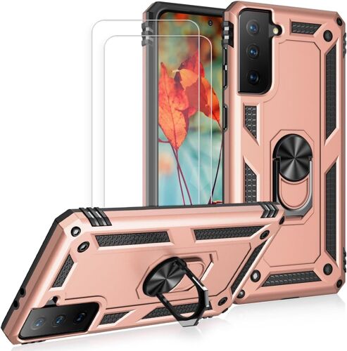 kompatibel Coque Samsung S21 5G,Etui + Verre Trempé[2 Pièces] magnétique Support Armure Robuste Antichoc Silicone TPU 360 degré Cas de téléphone de Voiture Bumper-Or Rose