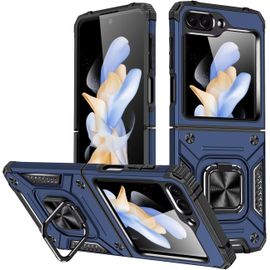 Kalanka-Coque Pour Samsung Galaxy Z Flip 5, Housse Tpu Silicone Rotation 360° Aimant Anneau Support Double Défense Protection Etui - Bleu