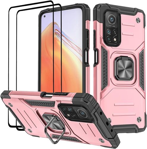 Coque pour Xiaomi Mi 10T Pro/Mi 10T, Verre Tremp¿¿ [2 Pi¿¿ces] + Housse TPU Silicone Rotation 360¡ã Aimant Anneau Support Double D¿¿fense Protection Etui - Or Rose