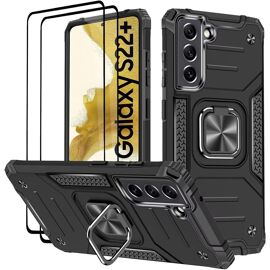 JGD-Coque pour Samsung Galaxy S22 Plus / S22+, Verre Trempé [2 Pièces] + Housse TPU Silicone Rotation 360° Aimant Anneau Support Double Défense Protection Etui - Noir