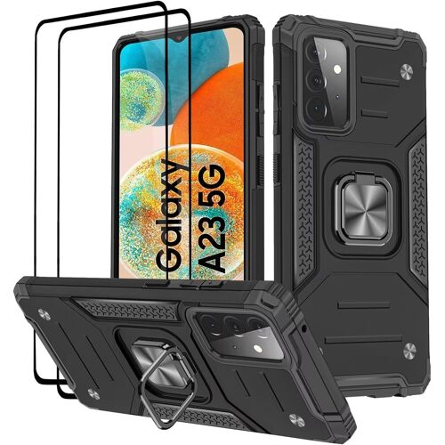 LORANKA-Coque pour Samsung Galaxy A23 5G / 4G, Verre Trempé [2 Pièces] + Housse TPU Silicone Rotation 360° Aimant Anneau Support Double Défense Protection Etui - Noir