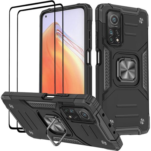 KAL-Coque Pour Xiaomi Mi 10T Pro/Mi 10T, Verre Trempé [2 Pièces] + Housse Tpu Silicone Rotation 360° Aimant Anneau Support Double Défense Protection Etui - Noir