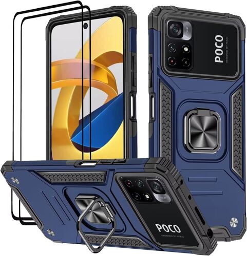 LORANKA-Coque pour Xiaomi POCO M4 Pro 5G / Redmi Note 11S 5G (6.6""), Verre Trempé [2 Pièces] + Housse TPU Silicone Rotation 360° Aimant Anneau Support Double Défense Protection Etui - Bleu
