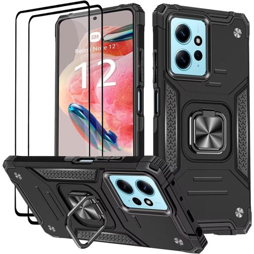 Coque Pour Xiaomi Redmi Note 12 4g (6.67""), Verre Trempé [2 Pièces] + Housse Tpu Silicone Rotation 360° Aimant Anneau Support Double Défense Protection Etui - Noir