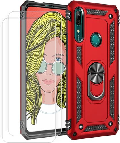 Joytag kompatibel Coque Huawei P Smart Z,Etui + Verre Trempé[2 Pièces] magnétique Support Armure Robuste Antichoc Silicone TPU 360 degré Cas de téléphone de Voiture Bumper-Rouge