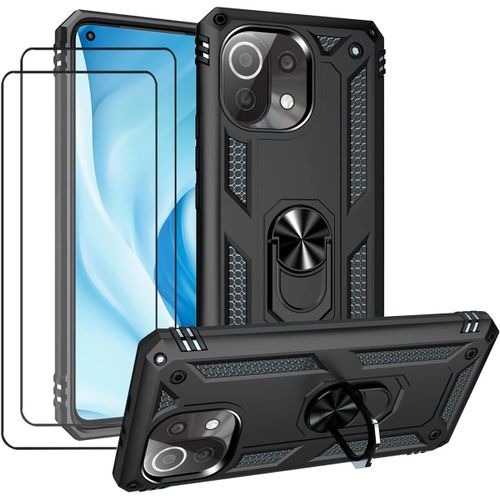 Coque Tpu Silicone Antichoc + 2 Verres Trempés Pour Xiaomi Mi 11 Lite / Mi 11 Lite 5g ¿ Anneau Rotatif 360° Magnétique, Support Voiture, Noir