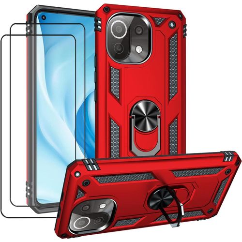 KAL-Kompatibel Coque Xiaomi Mi 11 Lite/Mi 11 Lite 5G,Etui + Verre Trempé[2 Pièces] Magnétique Support Armure Robuste Antichoc Silicone Tpu 360 Degré Cas De Téléphone De Voiture Bumper-Rouge