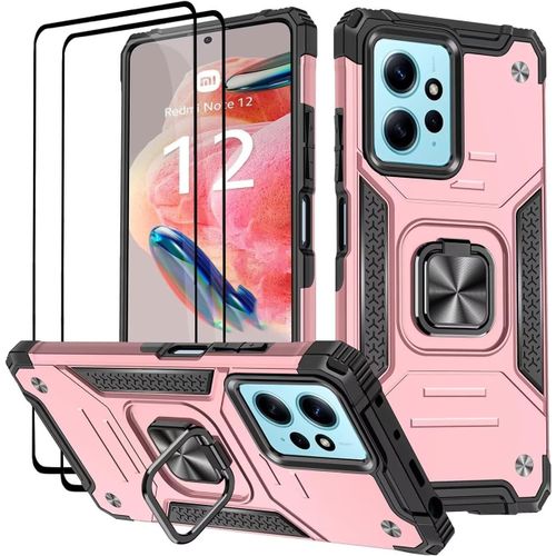 KAL-Coque Pour Xiaomi Redmi Note 12 4G (6.67""), Verre Trempé [2 Pièces] + Housse Tpu Silicone Rotation 360° Aimant Anneau Support Double Défense Protection Etui - Or Rose