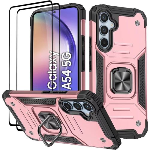 KAL-Coque Pour Samsung Galaxy A34 / A34 5G, Verre Trempé [2 Pièces] + Housse Tpu Silicone Rotation 360° Aimant Anneau Support Double Défense Protection Etui - Or Rose