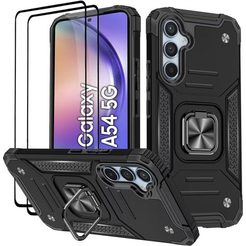 Coque Pour Samsung Galaxy A54 5G, Verre Trempé [2 Pièces] + Housse Tpu Silicone Rotation 360° Aimant Anneau Support Double Défense Protection Etui - Noir