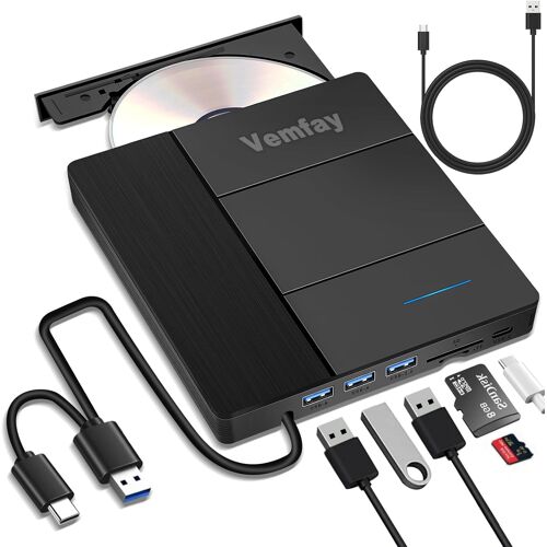 Lecteur Graveur CD DVD Externe,Lecteur CD Externe pour PC USB 3.0 Type-C avec Lecteur de Carte SD/TF Graveur RW Portable,Lecteur Player pour Win11/10/8/7/XP,Linux,Mac OS,Vista