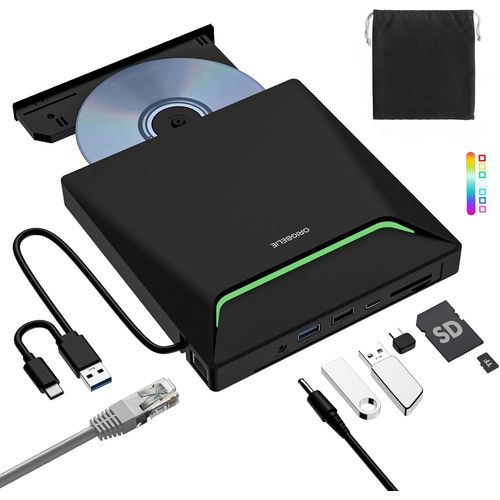 Lecteur CD Externe USB 3.0 et Type-C Portable CD/DVD +/-RW Graveur DVD Externe, Ultra Mince Lecteur DVD Externe pour PC Laptop Desktop iMac MacBook Pro/Air Windows 11/10/8/7/XP Linux Mac OS