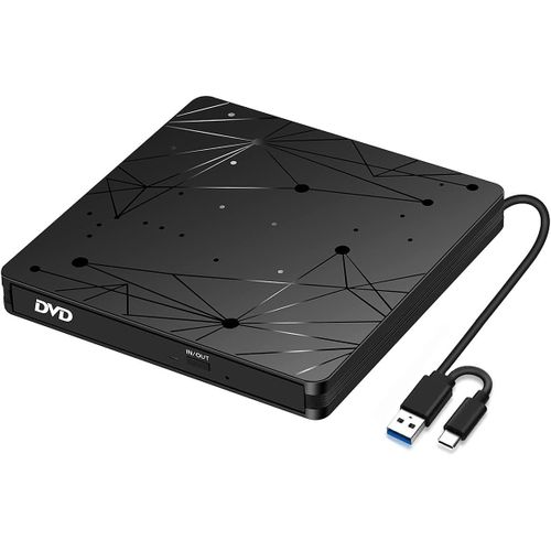 Lmen lecteur CD/DVD-RW/ROM externe, unités avec USB 3.0 et Type-C, lecteur portable pour PC, iMac, MacBook, Windows 11/10/8/XP, Linux et macOS.