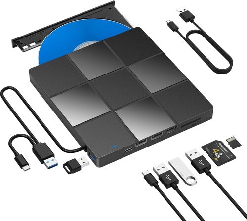 Lecteur CD DVD Externe, Graveur USB 3.0 et Type-C avec Lecteur de Carte SD/TF et de USB, Lecteur de DVD-ROM CD-ROM CD-RW VCD pour Windows 7/8/10/ Vista/XP/Mac OS, Laptop, Desktops
