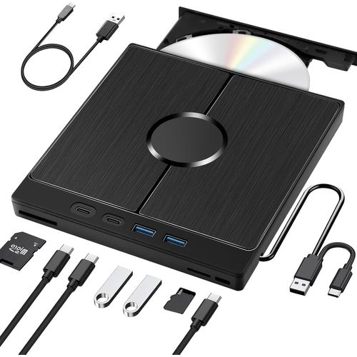 Lecteur CD DVD Externe pour PC,Lecteur DVD Externe avec de Carte SD/TF,Lecteur CD Externe pour Ordinateur Portable, PC, pour MacBook, pour Windows 11/10/8/7/XP/OSX/Pour Linux