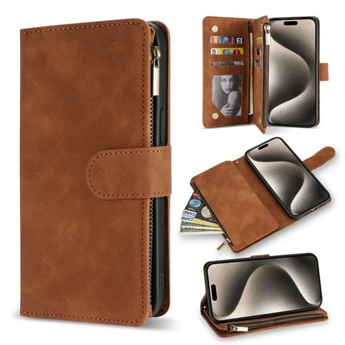 (Iphone 11 Pro Max Brown) Étui Portefeuille En Cuir À Rabat Magnétique Avec Fermeture Éclair Multi-Cartes, Pour Iphone