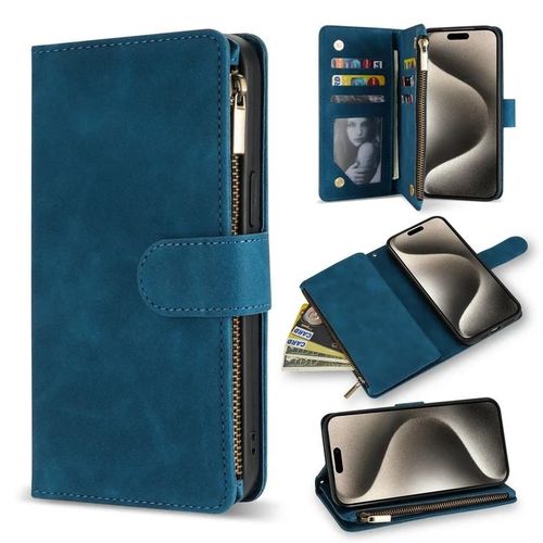 (Iphone 11 Pro Max Blue) Étui Portefeuille En Cuir À Rabat Magnétique Avec Fermeture Éclair Multi-Cartes, Pour Iphone