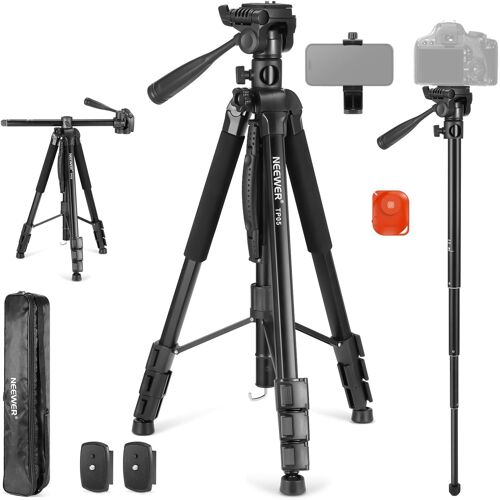 NEEWER Trépied Vidéo Monopode 74,4" avec Tête Panoramique &amp; Poignée à 3 Directions,Support Trépied en Métal Robuste avec Support Phone &amp; Adaptateur Compatible avec GoPro DJI iPhone,Charge 17,6lb,TP05