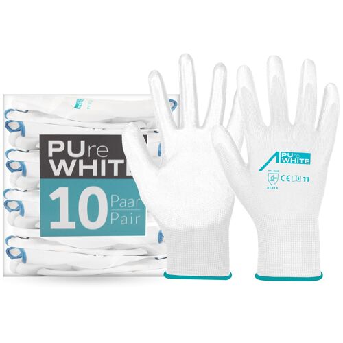 Ulteronixshop-Gants de Travail Blancs Pure White (Lot de 10) - Protection pour Manutention, Bricolage, Chantier, Atelier, Maçon, Peinture, Mécanique et Industrie - EN 388/21420 grip tactile - L
