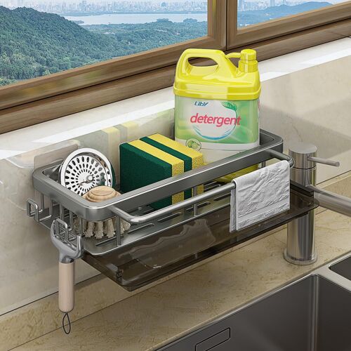 Porte Eponge Evier Cuisine, Auto-Adhésif Organisateur Evier Cuisine, Rangement Eponge Cuisine, Support Eponge Evier Cuisine Avec Bac De Vidange Porte Serviettes (Gris Foncé(Égout[CHU10501443]