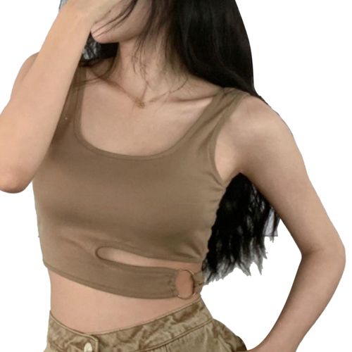 Debardeur De Sport Col En U, Coupe Slim, Taille Ajouree, Sans Manches, Court, Pour Femme, Fitness, Course A Pied, Marron