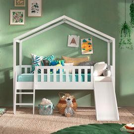 Lit Cabane Surélevé Avec Toboggan Pin Massif Blanc 90x200