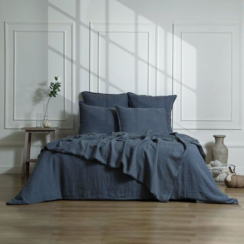 Drap Housse Lin Lavé Bleu Orage 180x200x30