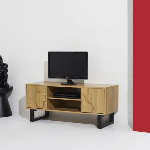 Meuble tv marron 2 portes en panneaux de particules et métal