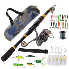 Ensemble Canne A Peche Et Moulinet De 2,1 M, Kit De Leurres En Carbone Avec Moulinet A Tambour, Ligne, Hamecons, Sac De Transport