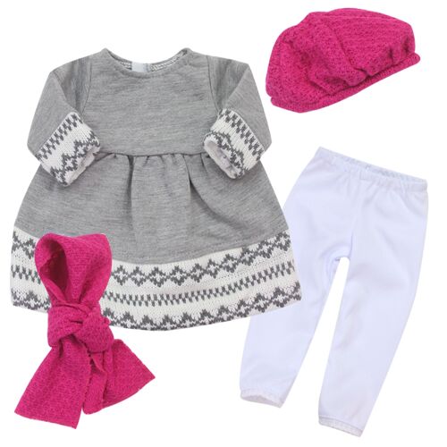 Sophia's par Teamson Kids Ensemble de vêtements pour poupées Fair Isle 18 pouces, robe de poupée grise avec leggings, bonnet et écharpe, tenue de poupée 4 pièces, vêtements de poupée