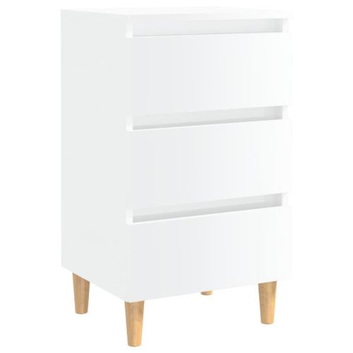 Cabinet De Lit Avec Pieds En Bois Massif & Tiroirs Haut Brillant Blanc 40x35x69 Cm