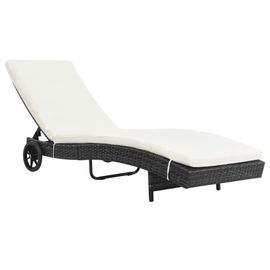 Transat Chaise Longue Bain De Soleil Lit De Jardin Terrasse Meuble D'extérieur Avec Roues Et Coussin Résine Tressée Noir Helloshop26 02_0012595