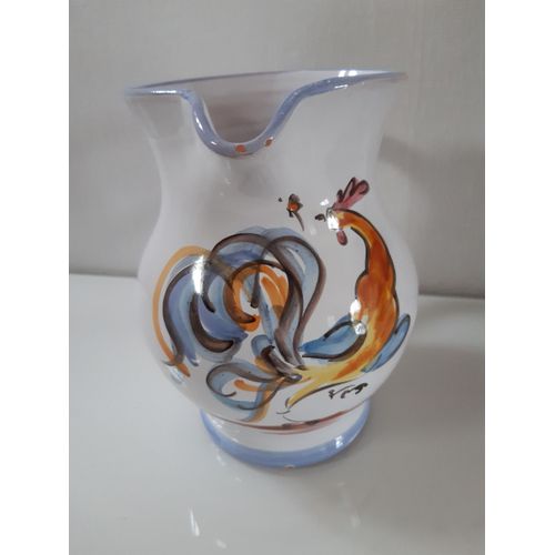 Cruche / Carafe En Grès Peint À La Main - Motif Coq