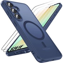 Coque Et 2 Verres Trempés Pour Samsung Galaxy S24 Fe Avec Anneau Magnétique Protection Caméra, Antichoc Bleu Marine - E.F.Connection