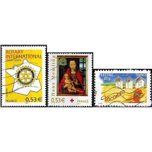 France 2005, Beaux Timbres Yvert 3750 Centenaire Du Rotary, 3788 Vacances, Cabines De Bain Sur La Plage Et 3840 Croix Rouge, Vierge À L'Enfant Par Hans Memling, Oblitérés, Tbe.