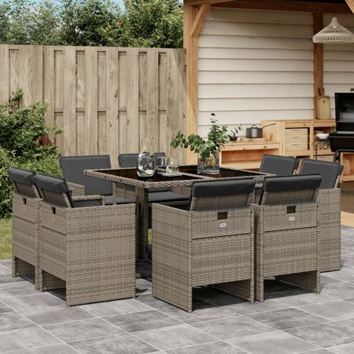 Vidaxl Ensemble À Manger De Jardin 9 Pcs Coussins Gris Résine Tressée