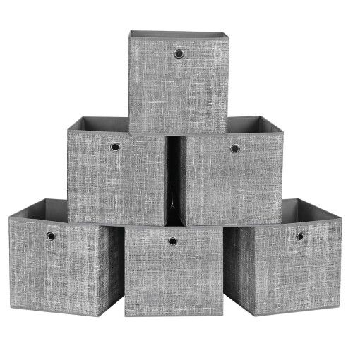 Boîtes de Rangement, Lot de 6, Coffres de Rangement en Tissu Non-Tissé avec Poignée, 30 x 30 x 30 cm, Cubes, pour Étagère, Pliables, Rangement de Vêtements, Gris Chiné